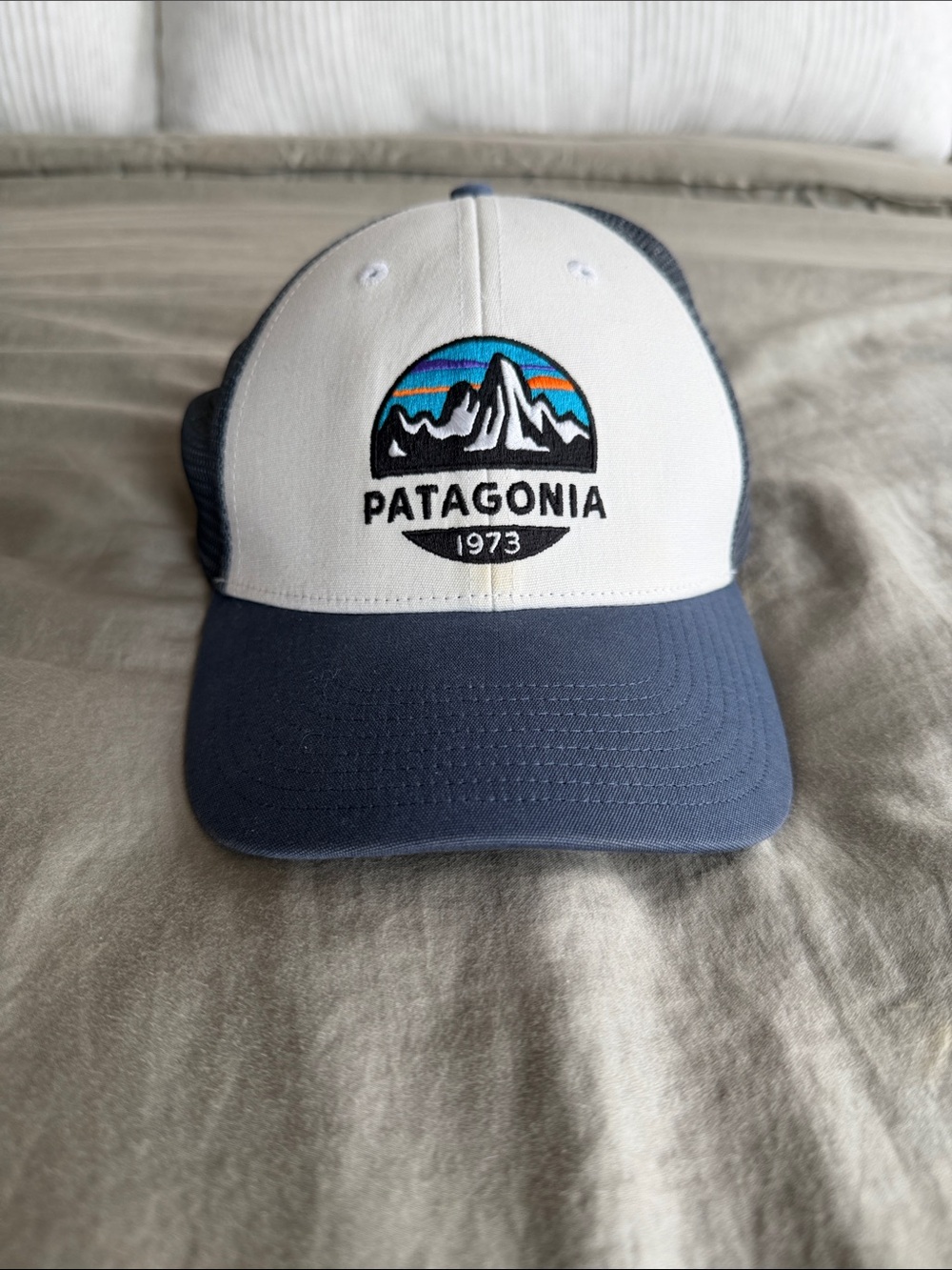 Patagonia Kids Trucker Hat in White and Blue with Mountain Logo
